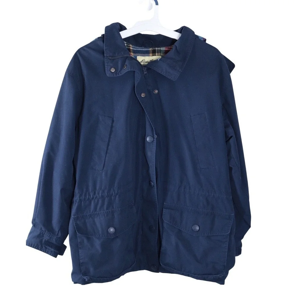 Vintage‎ Eddie Bauer Mens L Navy Blue Flannel Plaid Lined Hooded Field Jacket